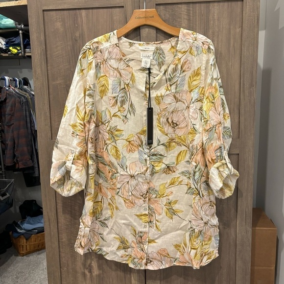 Nicole Miller 1X Tunic 100% Linen Floral Button Front Top Long Roll Tab Sleeves - Picture 1 of 10
